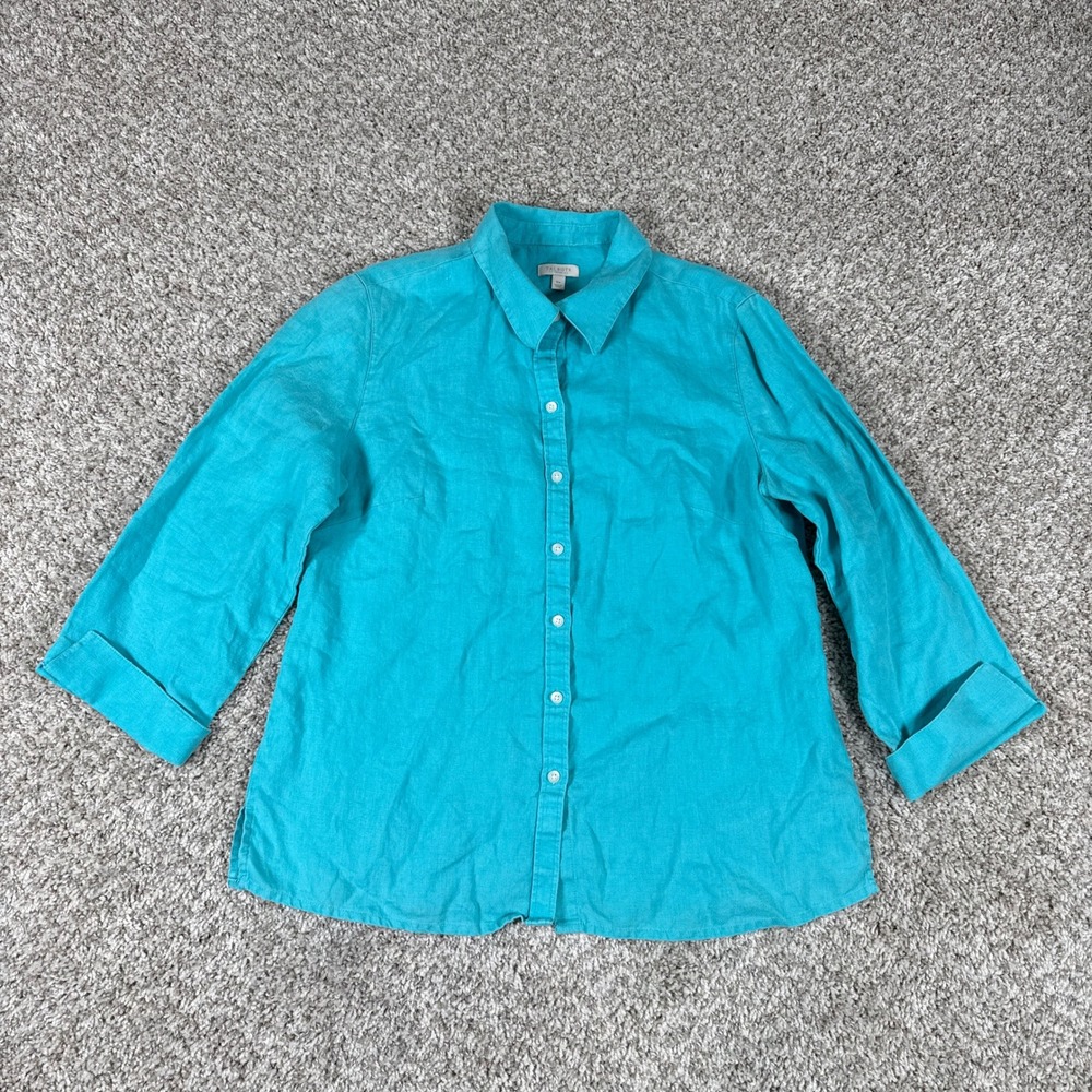 Talbots Shirt Womens 10P Blue Linen Button Up 3/4 Sleeve Collared Top Beach